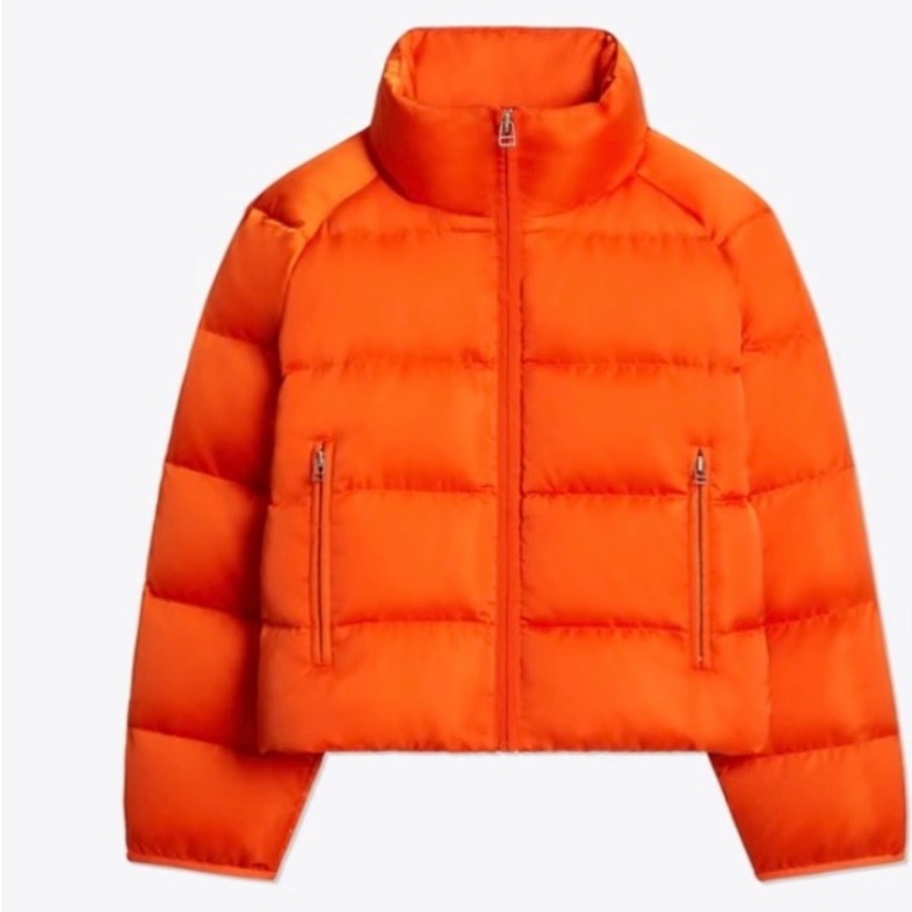 Tory Burch Cropped Performance Satin Down Jacket  (Varsity Orange) Size= XL